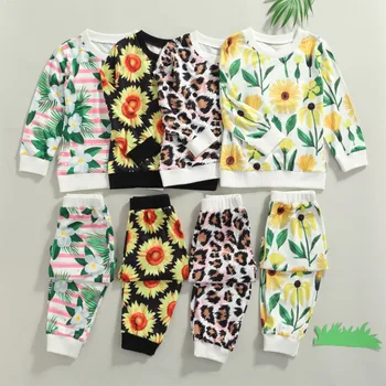 2 Buc Copil Tinutele Casual De Primavara Toamna, Fete De Floarea-Soarelui/Leopard/Stripe Print Cu Maneci Lungi Rotund Gat Pulover + Pantaloni