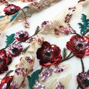 2020 Superba Paiete 3D Trandafir Rosu Floare Dantelă Tesatura de Caise Tul Dantela Pentru rochii de Mireasa, Halat, Cosplay, Dans, Costum de Curte 1