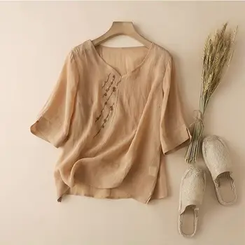2021 New Sosire Vară Stil de Arte Femei V-gât Jumătate Maneca Bluza Toate-potrivit Lenjerie de pat din Bumbac Floral, Broderie Camasi Casual P83