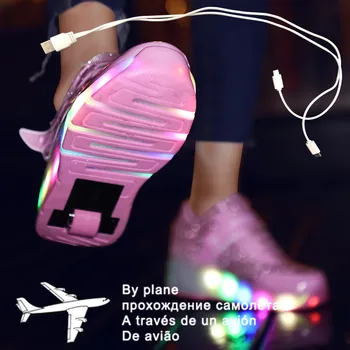27-40 Roz Alb USB de Încărcare de Moda Fete Baieti LED Pantofi de Skate Role Pentru copii Copii Adidasi Cu Roti Una roți
