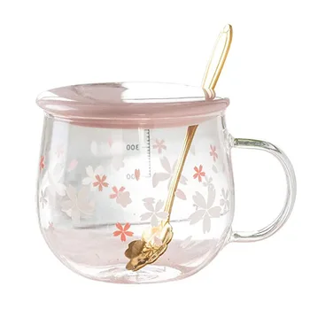 400ml Drăguț Sakura Cană de Cafea din Sticlă Cu Lingura Capac Creative Rezistente la Căldură de Flori Ceașcă de Ceai Set Transparent micul Dejun Lapte cu Ochelari