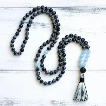 8mm Obsidian Fulg de nea & A-quamarine Colier Mala 108 Rugăciune Margele Colier Ciucure Yoga Bijuterii