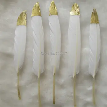 AUR muiată naturale pene albe - metalic de aur, pictate manual, pene de rață, liber aur alb / 9-14cm lungime,500pcs/lot