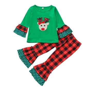 bmnmsl Toddler Girls 2 buc Tinutele de Crăciun Maneca Lunga Reni Broderie Topuri + Carouri Flare Pantaloni Set
