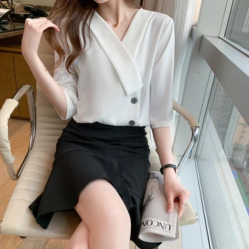 Butonul de sus de Femei 2021 Noua Moda coreeană Jumătate Maneca Tricou V-neck Doamne de Birou de Vară Șifon Top 14759