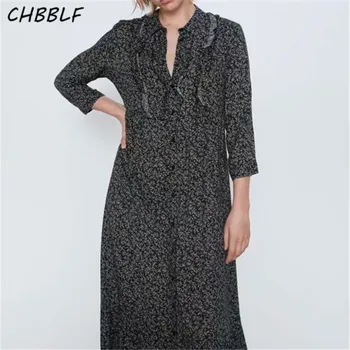 CHBBLF femei retro print maxi rochie cu maneci lungi rândul său, în jos guler feminin casual elegant chic lungime de glezna rochii vestido O9570