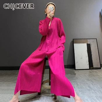 CHICEVER Solid Ruched Două Bucata Set Pentru Femei V-Neck Maneca Lunga Top Lungimea Plin de Talie Mare Parte Split Pantaloni sex Feminin 2021 Elegant