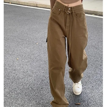 Coreea Style de Înaltă Talie Pantaloni din Denim Femei Vrac Streetwear Feminin Casual Dantela-up Direct Pantaloni Largi Picior de Epocă Blugi Mujer