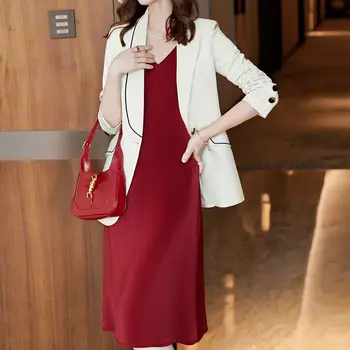 Coreeană de moda de primăvară și toamnă pentru femei de afaceri rochie rochia rochie costum de afaceri pentru femei palton supradimensionat + rochie rosu 2 buc