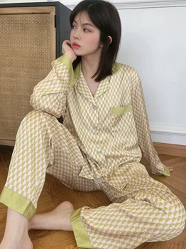 CRLAYDK Nou în Femei Pijama Set Matasoasa Carouri Verde din Satin Două Bucăți de Pijamale cu Maneca Lunga Butonul de Jos Pijamalele Coase haine de casă