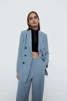 Culori Solide Dublu Rânduri Casual Naveta Sacou + De Înaltă Talie Pantaloni Drepte Pentru Femei Costum Simplu Birou Blazer Două Bucata Set Nou