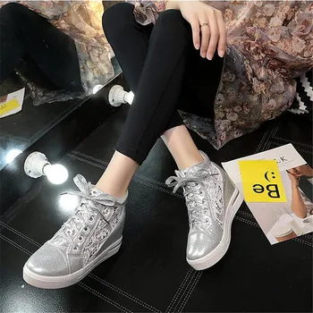 Dantela Femei Hightop Adidasi Femei Pantofi Pene Indesata Pantofi De Femeie Platforma Adidasi Femei Adidasi Femei 2020 Alb-Argintiu