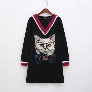 Desene animate Papion Imprimat Pisica beaded V-neck Shirt Dress Nit Casual Femei cu mâneci lungi Culoare Lovit Nit O-Gât Rochie subțire XL Topuri