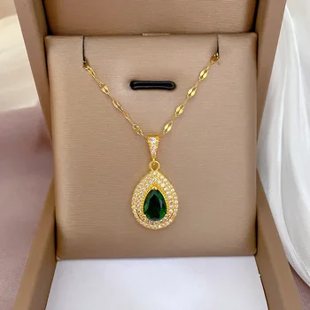 Elegant Lux Micro Pavate Zircon Verde de Cristal Picătură de Apă Pandantiv Clavicula Lanț Colier pentru Femei Fată Prințesă de Bijuterii