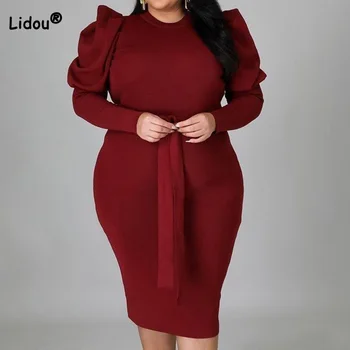 Elegante Plus Dimensiune Îmbrăcăminte pentru Femei Rotund Gat Culoare Solidă Sac de Șold Siret Maneca Lunga de Toamna Subțire Talie Inalta Midi Rochie de Seara