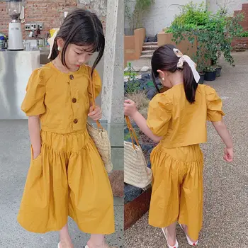 Fata de Îmbrăcăminte Set Solid Bluza Tricou și Pantaloni Largi Unic de Moda Haine pentru Copii Set Coreea Style Fata de Copil Haine de Vară Seturi