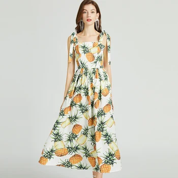 Femei de Moda de Vara Personaliza Casual 3XS-10XL Ananas Print Slim Fit Lung O Linie Rochie de Bumbac vestidos de mujer