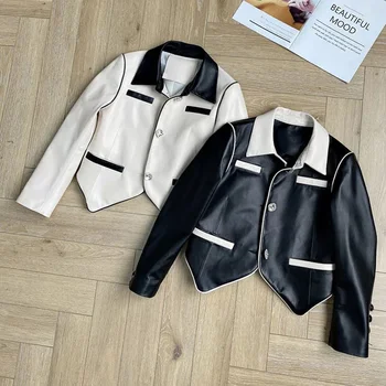 Femei Haină De Primăvară Și De Toamnă 2022 Noua Moda Jacheta Din Piele Înainte De Mult Timp După Scurt, Singur Cu Pieptul Alb Negru Mozaic