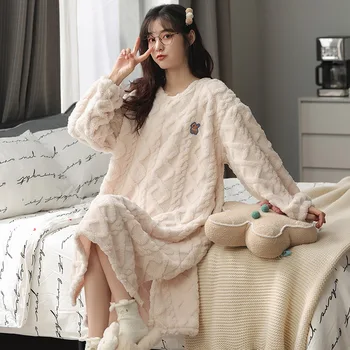 Femei Iarna Se Ingroase Flanel Cald Robe Coral Fleece Cu Maneci Lungi Femei Cămașă De Noapte Plus Dimensiune Agrement Pijamale Solid Sleepwear