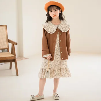 Fete Rochie Floral Tinutele Set coreean Seturi de Îmbrăcăminte de Primăvară Toamna Doll Rochii Guler+Cardigan Tricot Haine pentru Adolescenti 10 12 Ani