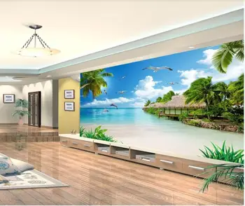 foto personalizat tapet 3d vedere Frumoasă la mare de nucă de cocos palmier delfinii living home decor 3d picturi murale tapet pentru pereți 3 d