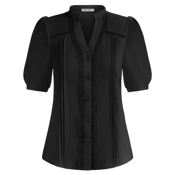 GK Bluza Femei Plisată Tricou Maneca Scurta pentru Femei de Top 2022 Stand Guler V-Neck Buton-Up Topuri Elegante Blusa Îmbrăcăminte pentru Femei