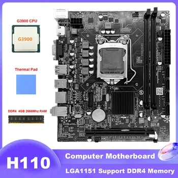 H110 Calculator Placa de baza LGA1151 Suporta Celeron G3900 G3930 Serie CPU+G3900 CPU+DDR4 4GB 2666Mhz RAM+Pad Termic