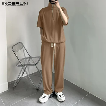 INCERUN Bărbați Seturi de Rever Culoare Solidă Maneca Scurta cu Fermoar Camasa si Pantaloni Cordon 2 BUC Streetwear 2022 coreean Bărbați Costume Casual 5XL