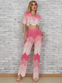 InGrily Tricot Mozaic Direct Pantaloni Femei Croșetat Tendință Largi Cu Talie Înaltă Blocarea Elastic Pantaloni Sex Feminin Streetwear Fund