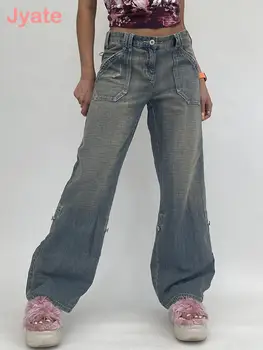 Jyate Epocă Liber Denim Blugi Femei Grunge Streetwear Buzunare Înalte Pantaloni Largi Femei Harajuku Solid Y2k Pantaloni 2022