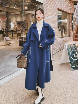 LANMREM Stil coreean Lungime Vrac Haină de Lână Pentru Femei Rever Culoare Albastru de Lux, Haine de Iarna Streetwear Doamnelor 2R6321
