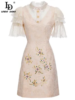 LD LINDA DELLA Designer de Moda Rochie de Vara Femei Flare Sleeve Lux, Paiete, ștrasuri din Mărgele Floral Roz Vintage Rochie Jacquard