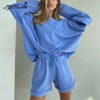 LZEQuella femei treninguri bluze 2021 toamna iarna fleece supradimensionat hanorace de culoare solidă pantaloni scurți NZ2427