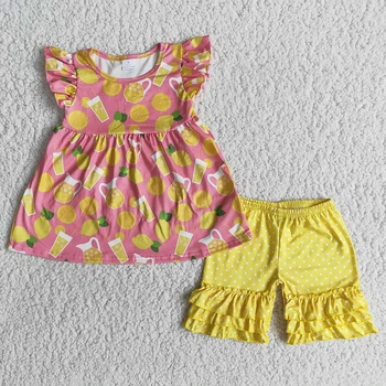 Moda de lamaie model haine copii fete suc de drăguț t-shirt și pantaloni scurți galben 2 buc seturi fetita haine