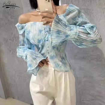 Moda Flare Sleeve Sexy Bluza Șifon Șic Tie Dye Slash Gât Off-umăr Culturilor Topuri Femeile Pătrat Guler Plisată Tricou 17994