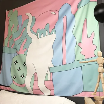 Nordic Girly Tapiserie Roz Artă Abstractă Pisica În Grădină Mandale Perete Cămin Bordura Boho Decor Agățat de Perete Pătură 150*130cm