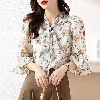 Nou Elegant Șifon Bluza Femei Office cu Maneca Lunga Imprimare Femei Tricou cu Arc Liber V Gât Florale de Îmbrăcăminte Topuri 24548