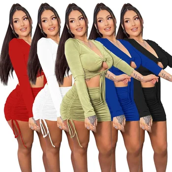 Noua Femeie Sexy, Seturi de Rochie de Culoare Solidă Maneca Lunga Bandaj Crop Topuri, Fusta cu Talie Inalta 2 BUC Bodycon Haine pentru Femei Set