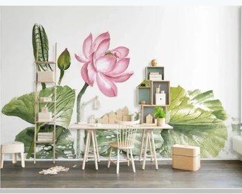 Papel de parede acuarelă romantic pink lotus verde simplu tapet,living tv de perete dormitor gazete de perete home decor mural