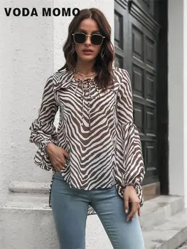 Primavara-Vara Dantela-up Camasi pentru Femei la Modă Casual cu Maneci Lungi Dungi de Zebra Imprimate Elegante, Bluze sau Topuri pentru Femei Chic