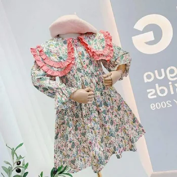 Rochie Complet Maneca Genunchi Lungime Pulover O linie Florale Regulat Bumbac Noua Moda Simplu Dulce de Primăvară de Toamnă pentru Copii Fete