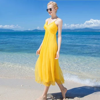 Rochie matase Femei Elegante Lungi V-neck Galben rochii de Plajă Shell 100%matase Femei Imprimate de Înaltă Calitate de Îmbrăcăminte de Vânzare FIERBINTE