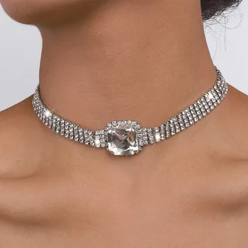 Strălucitoare Stras Multistrat Clavicula Lanț Pătrat de Piatră Cravată Colier pentru Femei de Cristal Pandantiv Colier bijuterii