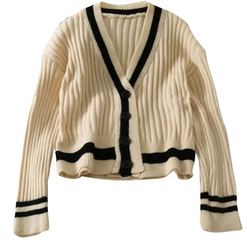 Toamna coreea retro de potrivire de culoare cu dungi loose knit V-neck single-breasted cu mâneci lungi pulover