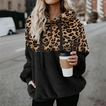 Toamna Hoodies Femei Leopard De Imprimare Buzunar Cu Fermoar Bluza De Coasere Maneca Pluș Pulover Moda Doamnelor Hanorac Femei De Îmbrăcăminte
