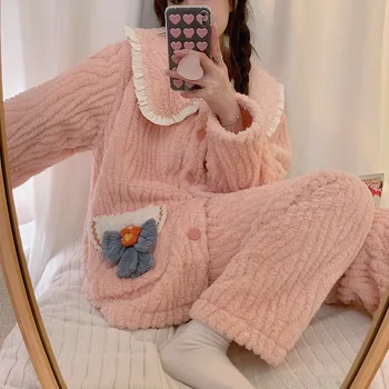 Toamna și iarna pijamale Femei catifea îngroșat coral catifea caldă costum Nou stil Pijama Papusa Guler Japoneză Haine de Acasă