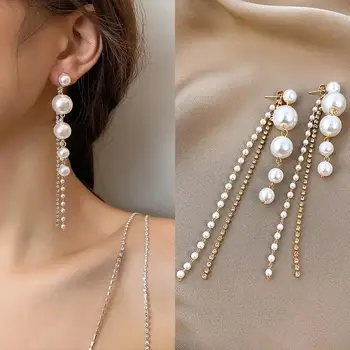 Trendy Simulate-perla Ciucure Lung Legăna Cercei Pentru Femei de Moda de Cristal Picătură de Apă Cadouri Bijuterii