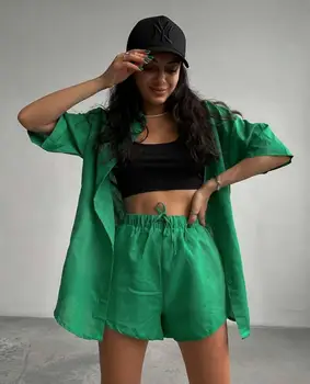 Vara Casual Trening pantaloni Scurți pentru Femei Costume Verde Streetwear Tricou Maneci Scurte Topuri Largi de Moda pantaloni Scurți Set de Două Piese 2021