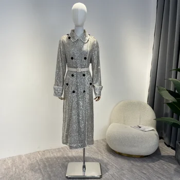 Vintage Argint Lungi pentru Femei de Moda Haina mai Recente 2022 Toamna Iarna Sequin Dublu Rânduri Sclipitoare Jacheta Lady Îmbrăcăminte cu Centura