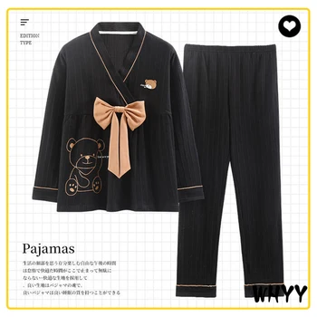 WHYY Femeie Pijama Set 2 Piese Primavara Toamna Pijamale Lenjerie Body cu Maneca Lunga din Bumbac Casual Homewear
